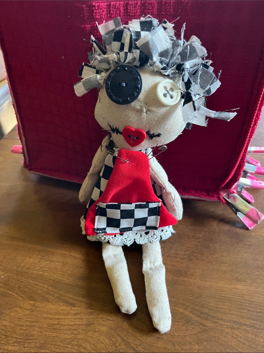 Red and Black Check Handmade Cloth Doll - Decorative Folk Accent